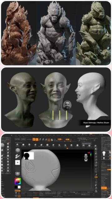 ZBrush creature & elf busts: texture, symmetry, alpha workflow.